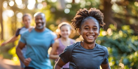 African American Family Jogging in a Park Celebrating Movement and Togetherness