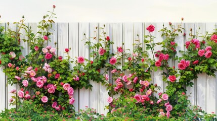Fototapeta na wymiar Colorful garden border, white fence and pink roses