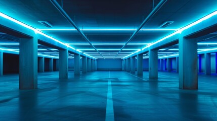 Naklejka premium Blue Neon Lights in Empty Parking Garage, An empty underground parking garage bathed in cool blue neon lights, creating a calm and modern ambiance.