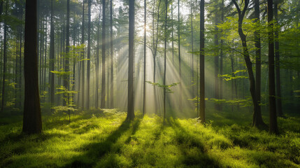Spring Forest with Beautiful Sun Rays