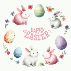 Round watercolor frame with cute Easter rabbit bunny, floral leaves and lettering.