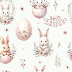 Seamless watercolor pattern with cute Easter rabbit bunny and floral leaves.
