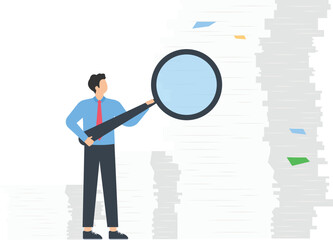 Bureaucracy and office paperwork, People holding magnifying glass to research information reports concept,

