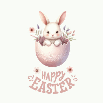 Watercolor cute Easter rabbit bunny and lettering Happy easter.