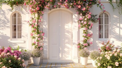 Fototapeta na wymiar a white decorative entrance door adorned with a soft pink flowers garland, inviting viewers into a world of elegance and charm, where every detail speaks of warmth and welcome.