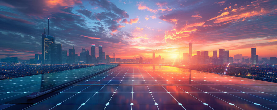 Use your artistic skills to depict the beauty of a solar cell in a futuristic cityscape