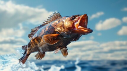 Fototapeta na wymiar Largemouth Bass or perch Jumping Out of Water, A dynamic image capturing a largemouth bass fish leaping out of the water with splashing droplets, set against a blue sky.