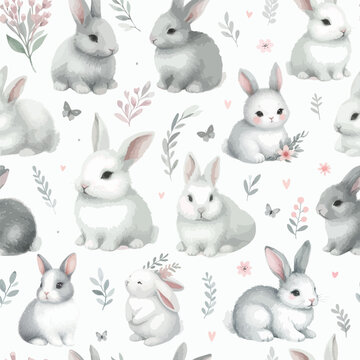 watercolor seamless pattern with rabbits bunny and floral