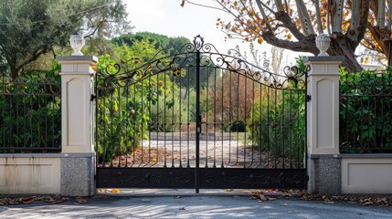 Metal driveway property entrance gates set in concrete fence with garden trees in background