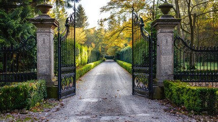 Metal driveway property entrance gates set in concrete fence with garden trees in background
