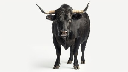 Black Bull with Horns Isolated on White, A majestic black bull with curved horns standing proudly, isolated on a white background.