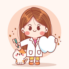 Cute dentist demonstrates how to brush your teeth properly. with cute cat hand drawn cartoon illustration