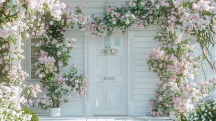 Fototapeta na wymiar a white decorative entrance door adorned with a soft pink flowers garland, inviting viewers into a world of elegance and charm, where every detail speaks of warmth and welcome.