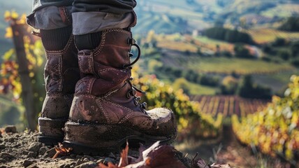 hiking boots, showcasing the textures and details of the footwear amidst the scenic backdrop of lush grapevines and rolling hills. - obrazy, fototapety, plakaty