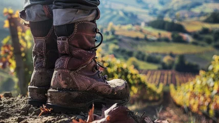 Fotobehang hiking boots, showcasing the textures and details of the footwear amidst the scenic backdrop of lush grapevines and rolling hills. © lililia