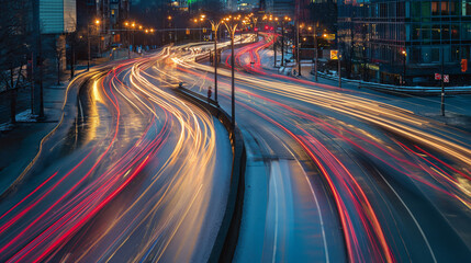 Fototapeta na wymiar Nighttime Traffic: Trailing Lights Illuminate Urban Streets, Aerial View