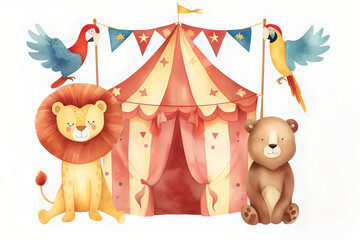 Obraz premium Animals lion and bear on background stripes tent of circus for show and childish entertainment. Circus canopy performance. Watercolor illustration