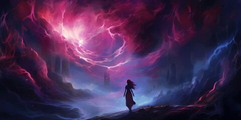 Layers of rich magenta and deep indigo blend harmoniously, casting a spellbinding aura reminiscent of twilight skies, captured within the confines of a dynamic gradient waves illustration. - obrazy, fototapety, plakaty