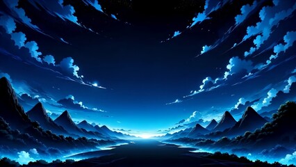 Blue anime background, mountains, illustration, clouds in the sky