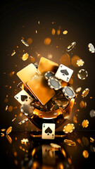 luxury background with glowing 3D poker objects, advertising banner, background black and gold color