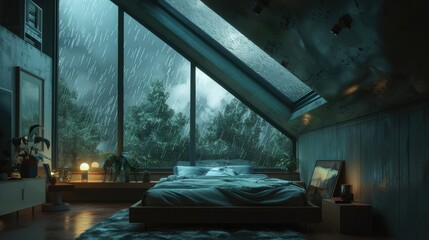 a cozy bedroom adorned with a roof window positioned above the bed, offering a glimpse of a stormy night unfolding outside, evoking feelings of warmth and comfort amidst the tumultuous weather.