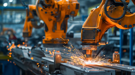 Sparks fly in a modern automotive factory, showcasing robotic welding technology