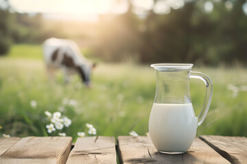 Milk in transparent glass jug on background sun green landscape with cow. Natural cow milk with farming. Sunny day on meadow. Milk with copy space