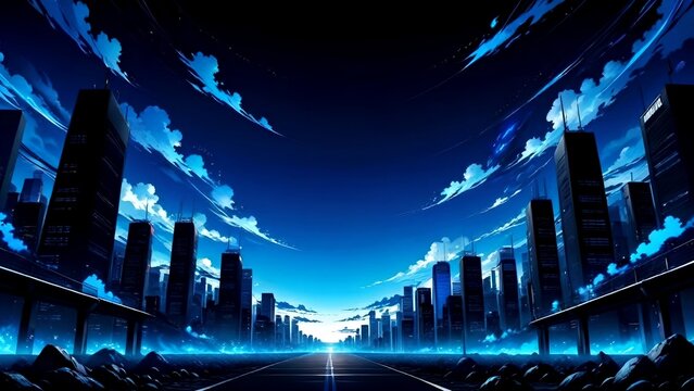 Blue anime background, cities, illustration, blue wallpaper, landscape