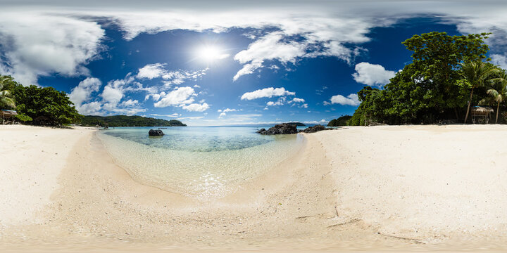 Crystal clear sea water and sandy beach in Tiamban Beach. Romblon Island. Philippines. VR 360.