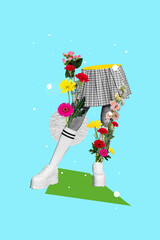 Collage vertical picture of young weird unknown woman dressed stylish outfit blooming flowers in...