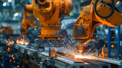 Sparks fly in a modern automotive factory, showcasing robotic welding technology - obrazy, fototapety, plakaty
