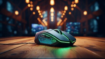 Close up of gaming mouse on desk with ample copy space, technology and gaming accessories concept