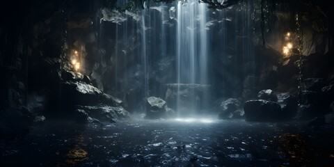 Glistening crystals in moonlight illuminate enchanting grotto behind a waterfall. Concept Enchanted Grotto, Waterfall, Moonlight, Crystal Illumination
