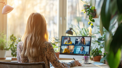 Professional woman attending an online business meeting in her office - obrazy, fototapety, plakaty