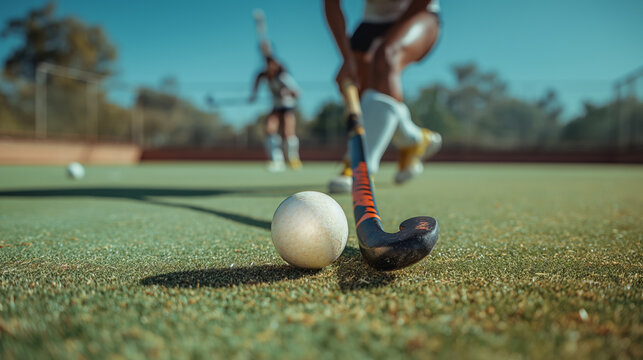 Energetic field hockey action with a focus on hockey ball, an Indian women's hockey player