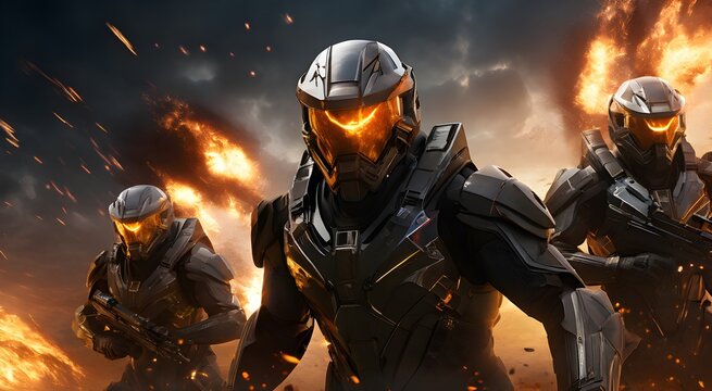 Fototapeta Dramatic Action Mystery Planet Group Of Heroes Clad In Sleek Futuristic Helmets