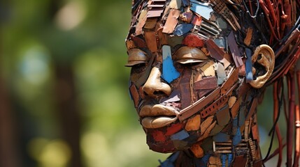 Indigenous face sculpture. Close-up of statue, portrait of person with African features. Artwork with incorporation of recycled materials.


