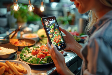 A female food blogger and influencer takes photos of food with her smartphone at a restaurant where she covers a food blog article. blogger concept. - obrazy, fototapety, plakaty