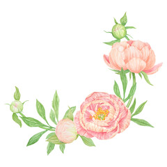 Peach peony bouquet watercolor hand drawn round frame. Chinese national symbol illustration. Realistic flower clipart, floral arrangement for card design, wedding invitation, prints, textile, packing