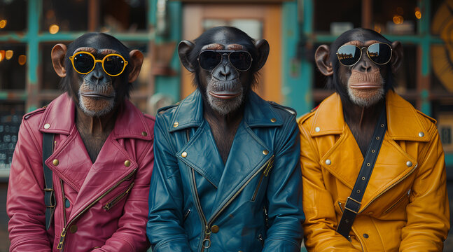 Monkey rock band, vivid leather jackets in primary colors, single color background