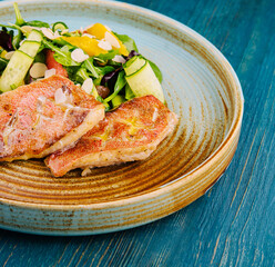 Grilled Red Snapper fish fillets and fresh vegetable salad