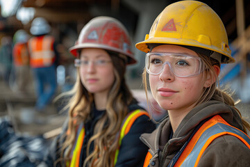Portrait of two young female construction workers, working on site, wearing safety vests, construction helmets and protective glasses