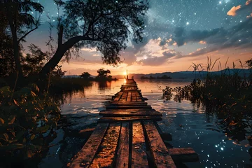  Peaceful Landscape of Wooden Pier on Lake. Wooden Bridge © Resdika