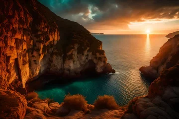 Foto op Plexiglas Vintage sea sunset from the mountain cave,Sea sunset viewed from cave © MSohail