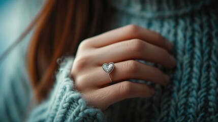 Close view of a lady's hand featuring a delicate heart-shaped ring.