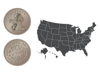 Vector American money, one cent coin, 1796-1807. Vector illustration isolated on the background of a map of the USA.