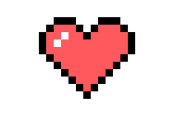 Pixel element in 8-bit style isolated on white background. Red heart shaped icon, bright colors, life button in the game.
