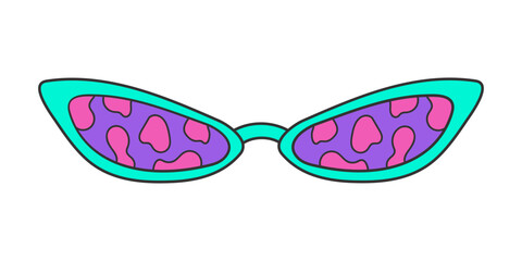 Elegant sunglasses in a groovy hippie style isolated on a white background. Vintage retro colors, lava lamp print on glass. Psychedelic vector neon doodle sticker, 70s.