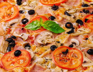 pizza with ham and mushrooms close up