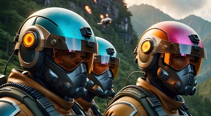 Fototapeta premium Dramatic Action Mystery Planet Group Of Heroes Clad In Sleek Futuristic Helmets